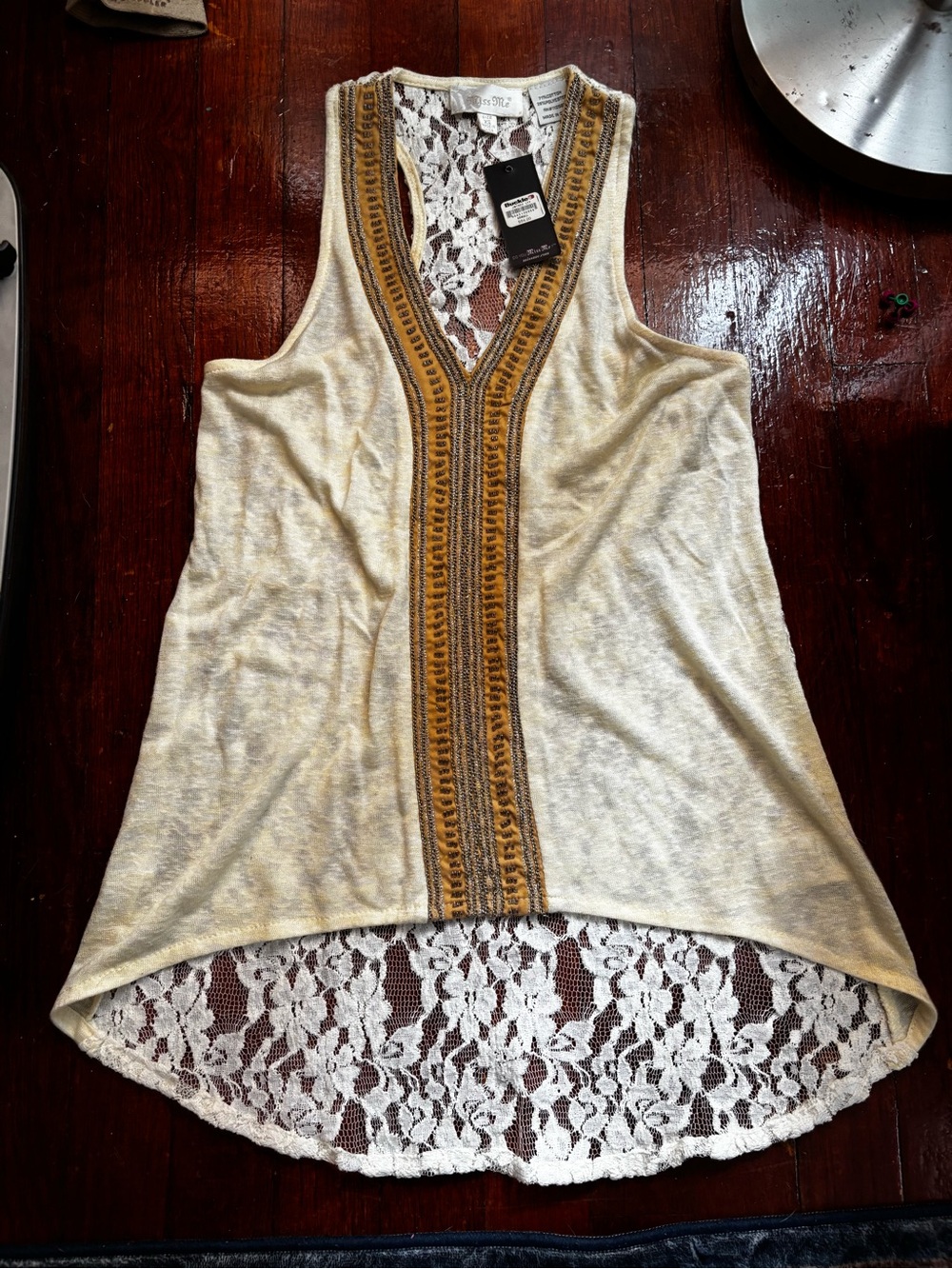 Miss Me Cream Lace-Back Tank with Mustard Embroidered Trim